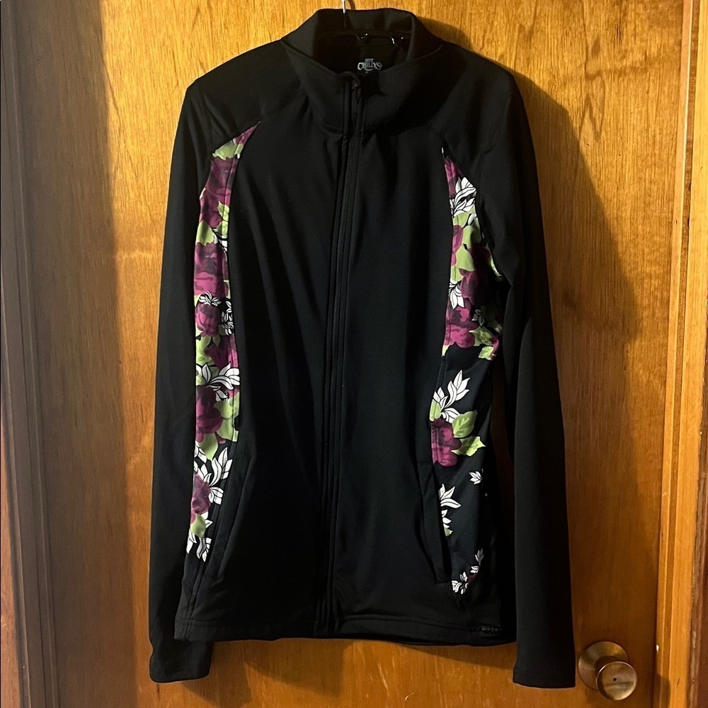 Women's Black Floral Athletic Zipper Sweater Medium